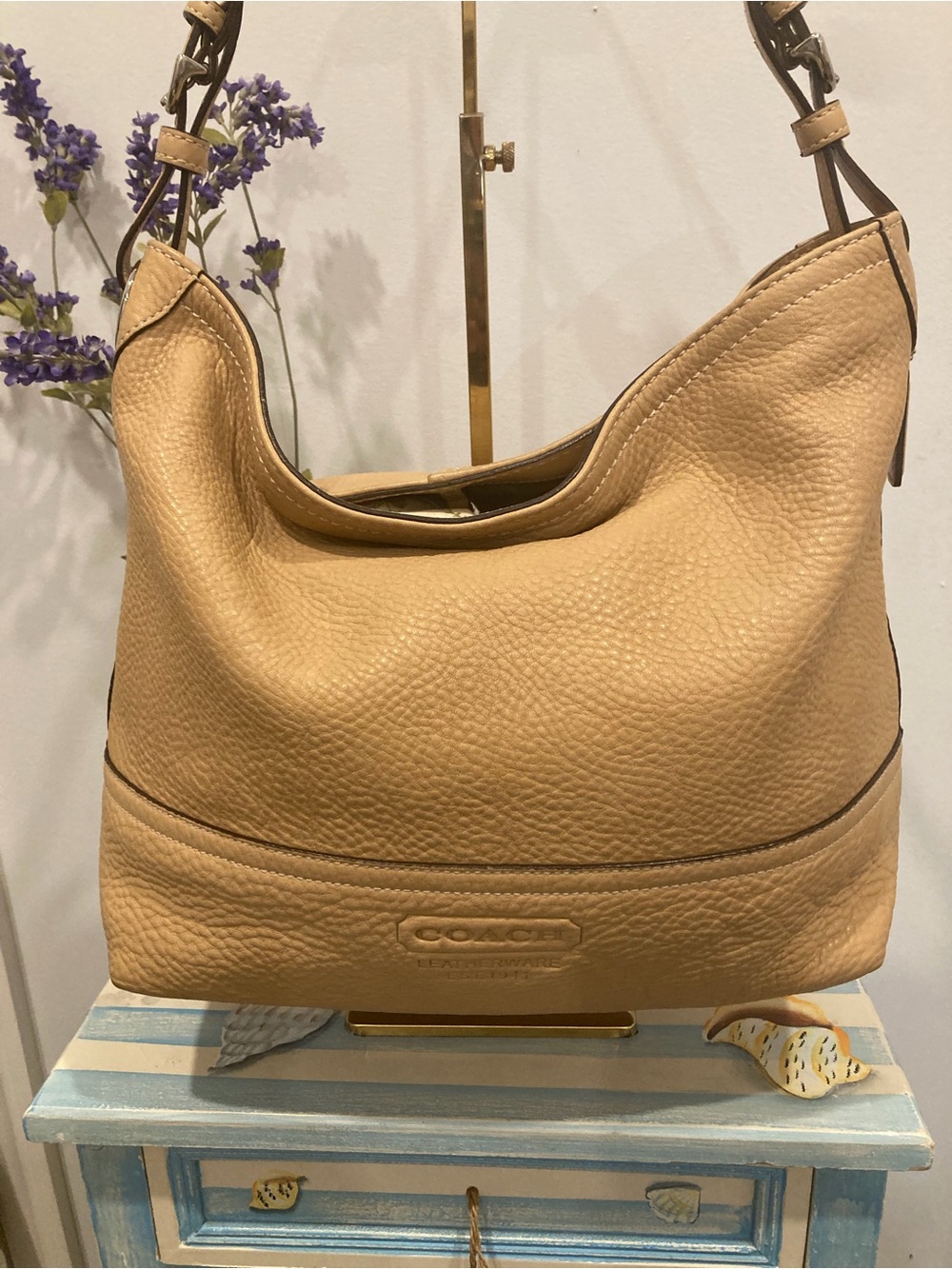 Coach 5715 Pebbled Leather Hobo Bag Tan Camel Leather Shoulder Purse